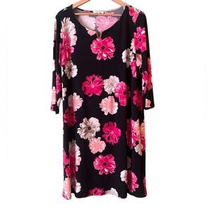 Calvin Klein Floral V-Neck 3/4 Sleeve Shift Dress Black Pink Flowers Plus Sz 1X